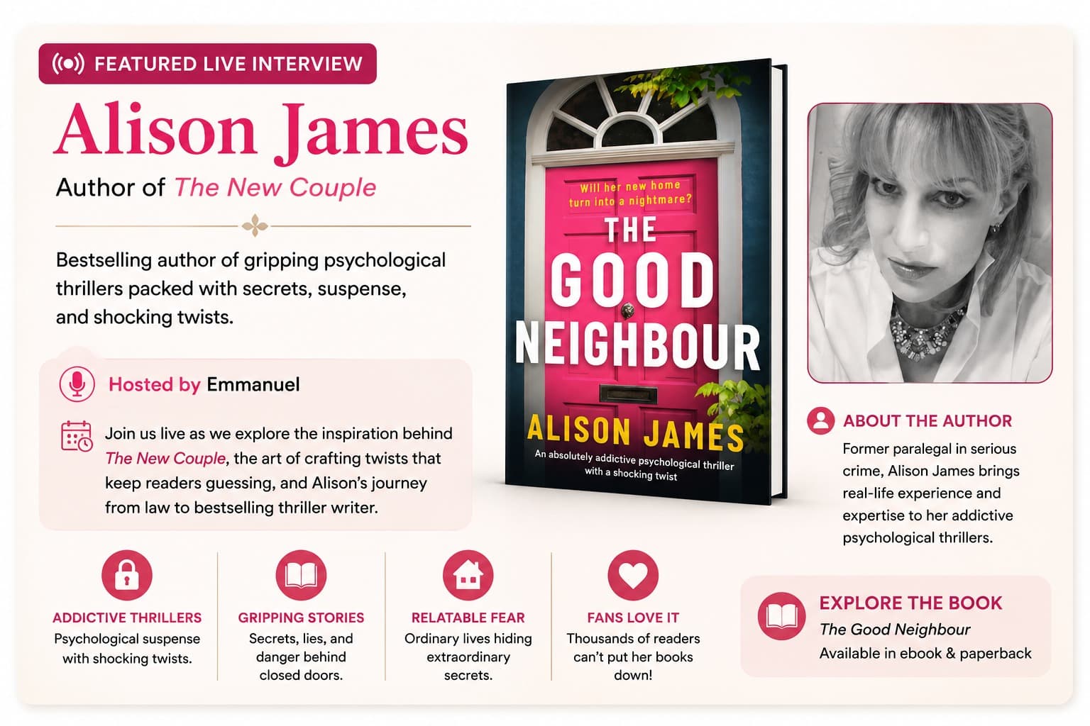 Featured live interview panel for Alison James and her psychological thriller The Good Neighbour