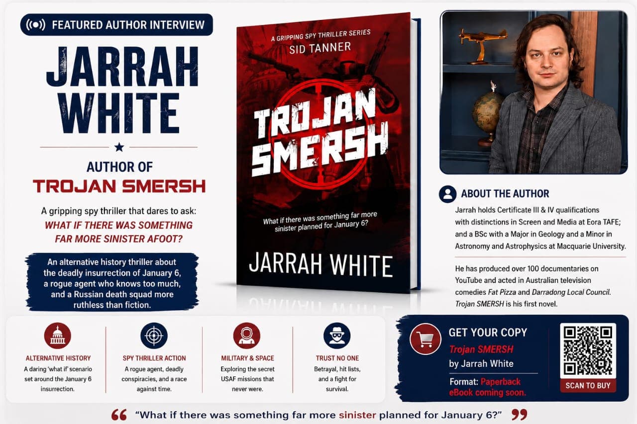 Featured author interview panel for Jarrah White and his spy thriller Trojan SMERSH