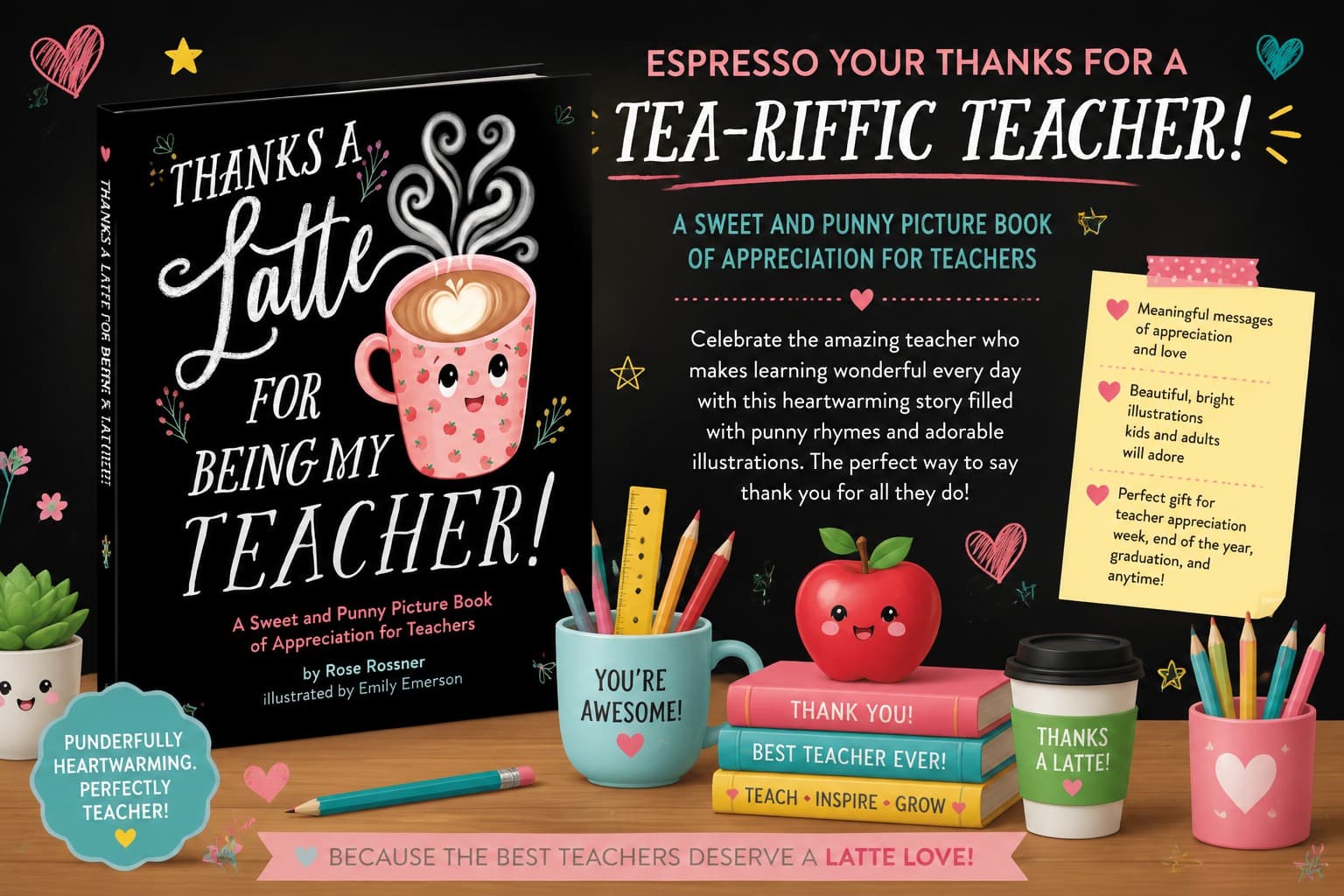 Thanks a Latte for Being My Teacher — book displayed with teacher-appreciation gifts on a chalkboard background
